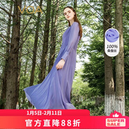 VOA100%真絲喬其圓領(lǐng)長(cháng)袖褶皺塔克褶親膚柔軟簡(jiǎn)約大擺連衣裙 AE1190 浣溪紗-紫蘭（Z92） 2XL
