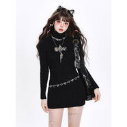 高領(lǐng)鏤空毛衣針織連衣裙女秋冬季2025新款修身收腰打底半身短裙子 黑色 S S