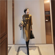 沐子牧緹韓國女裝2022新款秋冬針織連衣裙中長(cháng)款打底顯瘦毛衣長(cháng)裙子 橄欖綠 均碼