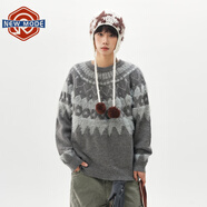 NEW OR MODE費爾島提花圓領(lǐng)毛衣男冬季新款潮牌拼色寬松情侶馬海毛針織衫線(xiàn)衣 灰色 XL 【建議125-145斤】