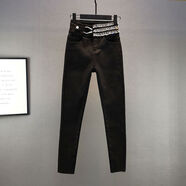 白色加絨牛仔褲女加厚保暖冬新款棉彈高腰修身顯瘦歐貨鑲鉆小腳褲 黑色加絨款 S S