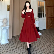 史卿連衣裙女裝高腰裙子潮法式減齡學(xué)院秋冬禮服中長(cháng)裙大碼胖mm裙子潮 TX808杏色領(lǐng)酒紅 M