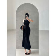 YoungGirlDay純欲氛圍感假兩件系帶收腰無(wú)袖包臀背心連衣裙長(cháng)裙 黑色 S S