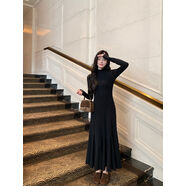 黑色半高領(lǐng)連衣裙女秋冬季內搭a字魚(yú)尾裙長(cháng)款打底裙 黑色 S S