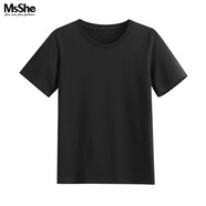 MsShe【天絲棉】大碼女裝2026款春裝胖mm長(cháng)袖T恤打底衫200斤上衣 圓領(lǐng)【短袖-天絲棉】黑色現貨 4XL