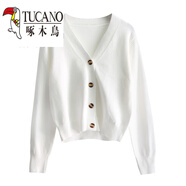 啄木鳥(niǎo)（TUCANO）早秋小個(gè)子高腰V領(lǐng)針織開(kāi)衫女新款搭配裙子外搭軟糯毛衣外套短款 白色 均碼