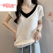 啄木鳥(niǎo)（TUCANO）大尺碼假兩件正肩冰絲短袖t恤女夏季新款胖m妹遮肚子洋氣v領(lǐng)針織 DX1783#米色 2XL 建議130-145斤