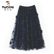 啄木鳥(niǎo)（TUCANO）網(wǎng)紗刺繡半身裙溫柔氣質(zhì)中長(cháng)裙立體花朵重工紗裙小清新仙女裙 黑色 均碼