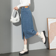 VIPOL【原廠(chǎng)正版】水洗提花牛仔半身裙女年秋季寬松韓版破洞八分開(kāi)叉裙 藍色 均碼 26