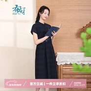 布符夏季新款旗袍領(lǐng)修身中式手工盤(pán)扣腰間抽褶繡花連衣裙女 藍色(后腰有松緊） M