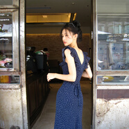 GARNUO小飛袖荷葉邊波點(diǎn)吊帶連衣裙子女夏季茶歇法式收腰包臀裙碎花長(cháng)裙 藍色 S 【80-100斤】