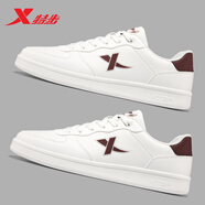 特步（XTEP）男鞋板鞋子男休閑鞋男士皮面耐磨防滑運動(dòng)鞋子帆布鞋滑板鞋 帆白/團隊紅 40