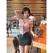 夜店套裝女韓國chic純欲風(fēng)性感不規則修身領(lǐng)帶短袖襯衣包臀半身裙 深灰色包臀裙 S