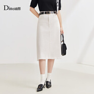 Ditto/迪圖2025秋季新款牛仔半身裙女直筒半裙后開(kāi)叉中長(cháng)款牛仔裙 米白色 S