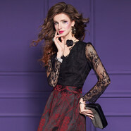 菲夢(mèng)伊蕾絲亮片黑色打底衫女長(cháng)袖秋裝法式性感時(shí)尚顯瘦V領(lǐng)上衣薄 黑色 M