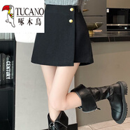 啄木鳥(niǎo)（TUCANO）黑色毛呢短褲裙秋冬女不規則高腰A字防走光裙褲法式復古半身裙子 黑色 【2024年/設計感小眾/ M