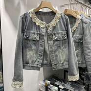 妹丫設計感牛仔夾克外套女2026春秋新款高級感釘珠蕾絲拼接夾克短上衣 圖片色 S
