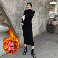 秋冬加絨加厚毛衣女長(cháng)款高領(lǐng)修身包臀過(guò)膝打底長(cháng)裙風(fēng)衣內搭連衣裙 黑色高領(lǐng)加絨加厚 2XL 2XL