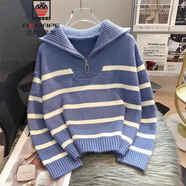 AEMAPE女士毛衣女裝春秋內搭2025新款套頭針織衫拉鏈條紋寬松打底小個(gè)子 藍色 均碼 -80-135斤