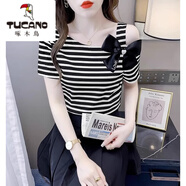 啄木鳥(niǎo)（TUCANO）冰絲坑條紋短袖T恤女士夏季薄款修身蝴蝶結露肩別致顯瘦ins潮上衣 黑條【螺紋面料升級版，不起球】 M 建議95-110斤