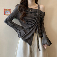 第喜武春裝女款2026年一字肩斜肩t恤抽繩喇叭長(cháng)袖露肩短款上衣 深灰色 S