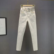 白色加絨牛仔褲女加厚保暖冬新款棉彈高腰修身顯瘦歐貨鑲鉆小腳褲 白色加絨款 S S