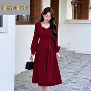 夏典素訂女王（SE.PSTP）法式通勤感輕奢釘珠可穿宴會(huì )小禮服訂婚結婚紅色連衣裙女秋季 酒紅色 S