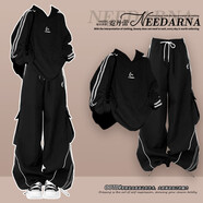 歌弗婭早秋穿韓國時(shí)髦的運動(dòng)衫，搭配一套完整的酷女孩和時(shí)髦的女性工裝 黑色衛衣+黑色工裝褲【秋季新款女裝/秋季套裝/mi S