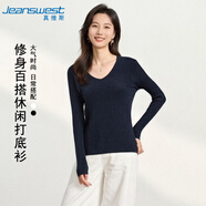 真維斯（Jeanswest）針織衫女冬季長(cháng)袖修身內搭低領(lǐng)v領(lǐng)百搭打底上衣女黑色均碼