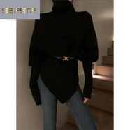 夏典素訂女王（SE.PSTP）秋冬氣質(zhì)不規則設計感蝙蝠袖披肩式高領(lǐng)毛衣寬松百搭慵懶風(fēng)針織衫 黑色毛衣+腰帶 S