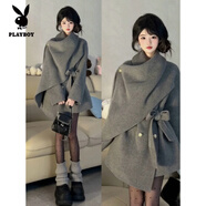 花花公子（PLAYBOY）法式大披肩圍巾斗篷毛衣外套女秋冬季新款韓系千金氛圍感針織大衣 灰色 S 建議80-100斤