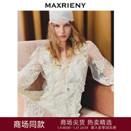 MAXRIENY【商場(chǎng)同款】復古蕾絲荷葉邊收腰連衣裙25秋款輕薄網(wǎng)紗裙 米白 S