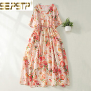 皮爾卡丹日系原單苧麻連衣裙寬松復古碎花V領(lǐng)飄逸短袖棉亞麻長(cháng)裙 粉紅色(少量現貨) M 【建議85-100斤】