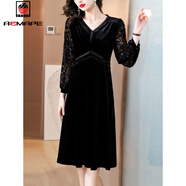 AEMAPE連衣裙裝黑色長(cháng)袖印花氣質(zhì)v領(lǐng)新款減齡2026春夏季新款裙子女 黑色 XL