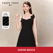 糖力商場(chǎng)同款千金花朵小黑裙2025春秋新款收腰顯瘦吊帶連衣裙女 黑色（釘珠立體花裝飾) L （建議120-130斤）