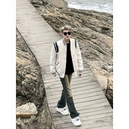 情侶款休閑棒球服春秋美式感拼接寬松男女毛呢飛行服夾克外套 白色拼接外套 S S85斤左右