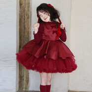 左別馬年拜年服女童25冬季酒紅色緞面拼接網(wǎng)紗tutu連衣裙小女孩拜年蓬 紅色打底衫 140 (關(guān)注店鋪優(yōu)先發(fā)貨)