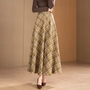 vuzrmm輕奢冬季新款加厚毛呢半身裙女格子長(cháng)裙a字裙高腰大擺長(cháng)裙冬長(cháng)裙 駝色格子 M 腰圍2.0-2.1尺長(cháng)度85厘米
