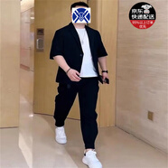 軒森圖 休閑西裝外套微胖男生顯瘦穿搭小西裝男簡(jiǎn)約大碼輕熟風(fēng)西服套裝 短袖西服+白色T+褲子 2XL (180) （160-180斤）