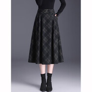 白鹿語(yǔ)優(yōu)雅復古格紋半身裙秋冬新款高腰長(cháng)款A字裙傘裙 黑灰格 S