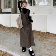 辣妹pu皮裙背帶無(wú)袖吊帶連衣裙女秋冬美拉德寬松休閑背心內搭長(cháng)裙 咖色皮裙[秋裝搭配一整套/入秋/ S 均碼