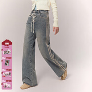 CHUU闊腿牛仔褲女2025冬季新品側條紋拼接系帶抽繩高個(gè)子直筒長(cháng)褲 中牛仔藍 (常規版) 26