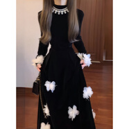 阿瑪瑟（amase）富家千金風(fēng)黑色絲絨套裝裙女秋冬季立體花朵小個(gè)子感氣質(zhì)長(cháng)裙 套裝 L