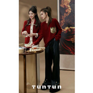TUNTUN吞吞秋冬【探春令】紅色毛衣針織羊毛衫女金提花口袋圓領(lǐng)T恤上衣 新年紅預售15天內發(fā)貨 S 吞吞碼