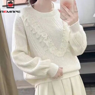 AEMAPE法式小香風(fēng)蕾絲釘珠圓領(lǐng)毛衣女秋冬季韓版設計感時(shí)尚套頭針織衫女 米白色 3XL 160-180斤