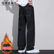 馬克華菲（MARK FAIRWHALE）牛仔褲男士冬季寬松直筒闊腿褲子男潮牌休閑褲男褲 黑色加絨 L