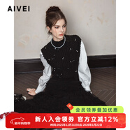 AIVEI欣賀艾薇2024冬季優(yōu)雅浪漫半高領(lǐng)釘珠假兩件針織衫R764003A 黑色 S