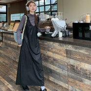 辣妹pu皮裙背帶無(wú)袖吊帶連衣裙女秋冬美拉德寬松休閑背心內搭長(cháng)裙 黑色皮裙[秋天/春秋/小媽裙/旅游 S 均碼