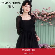 糖力【商場(chǎng)同款】春秋季新款長(cháng)袖收腰顯瘦植絨網(wǎng)紗花苞連衣裙女 黑色 S