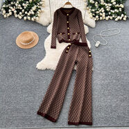 ZHIO原廠(chǎng)正版歐美洋氣時(shí)髦印花金屬扣圓領(lǐng)針織衫女長(cháng)袖毛衣高腰闊 咖啡色 均碼 均碼